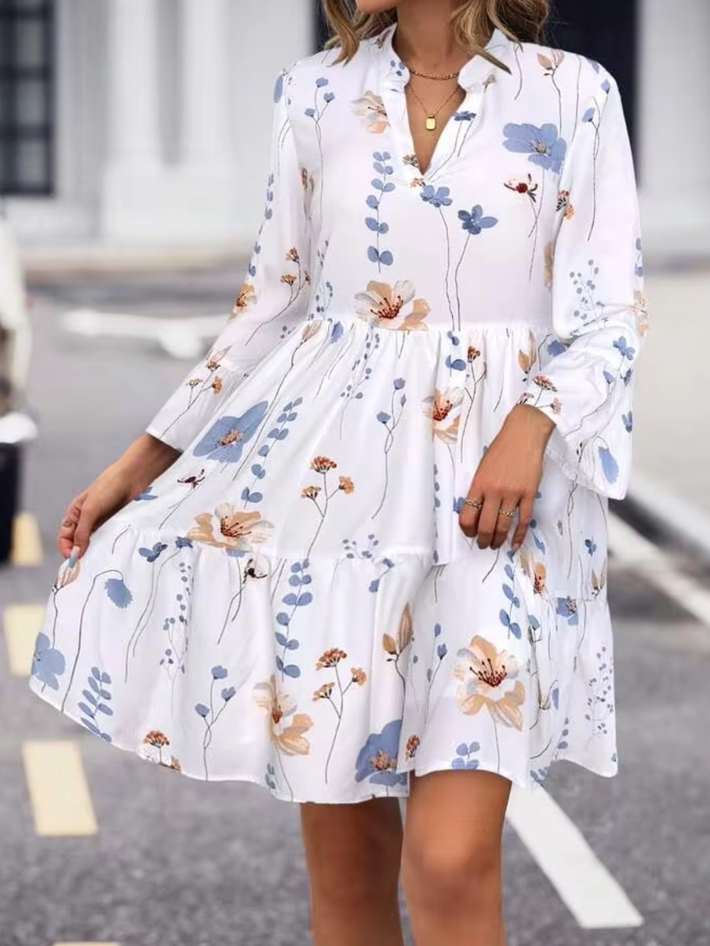 SHEIN LUNE Floral Print Mini Tiered Dress Notched V-Neck Small - Picture 1 of 10